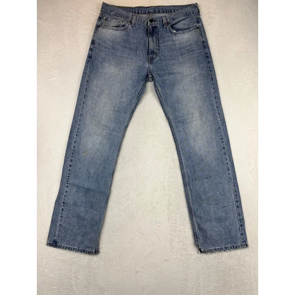 Levis 505 Mens 36x34 Jeans Light Blue Wash Denim Grungy HighLow Fade ripped Hem